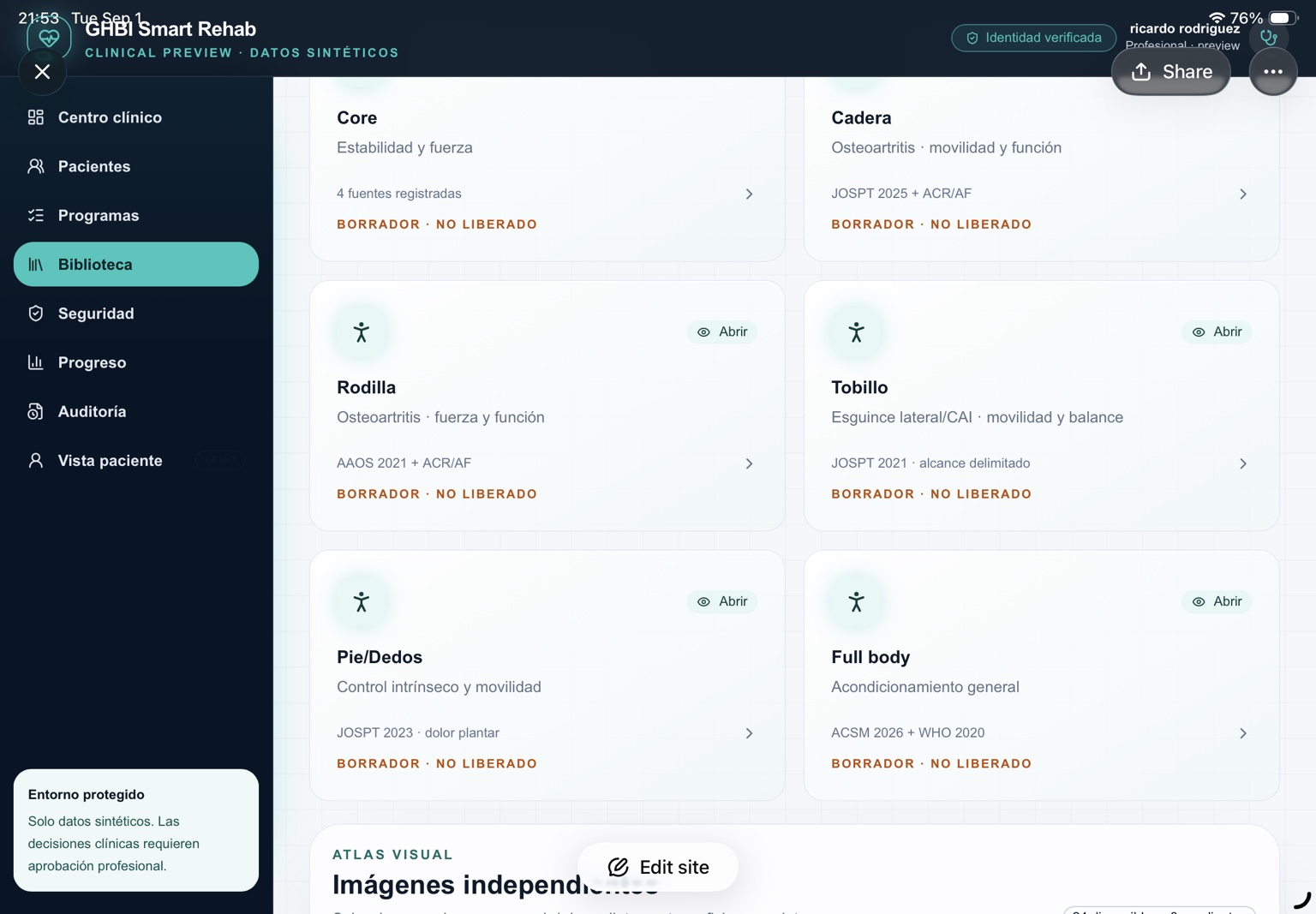 GHBI Smart Rehab exercise library working preview with synthetic data