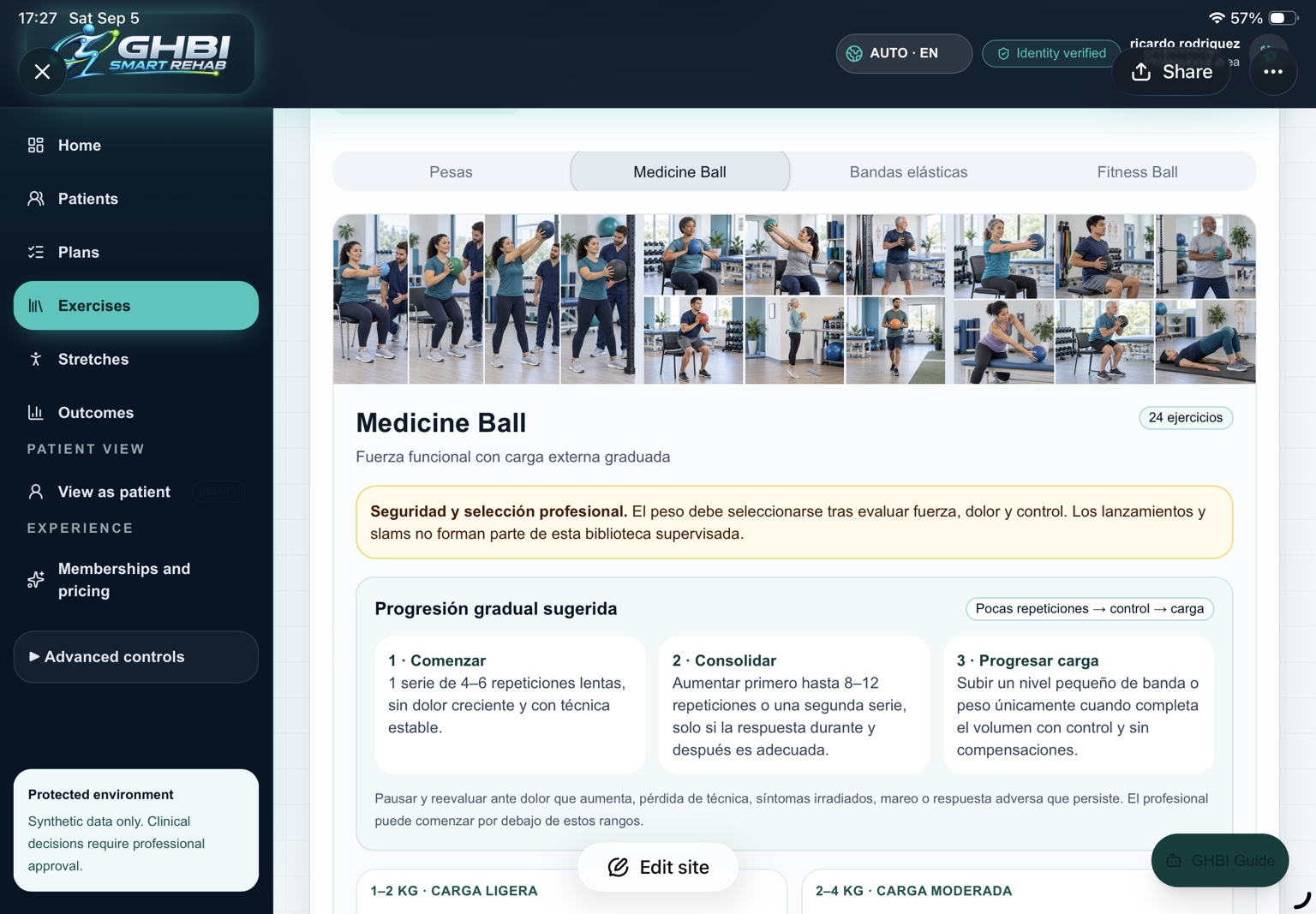 GHBI Smart Rehab medicine ball movement library working preview with synthetic data