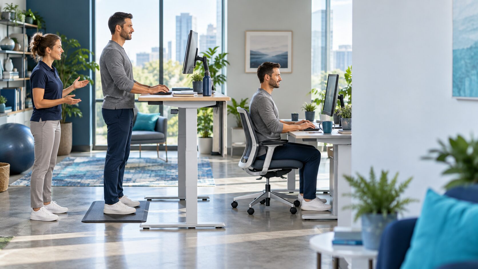 Office worker changing posture at an ergonomic workstation